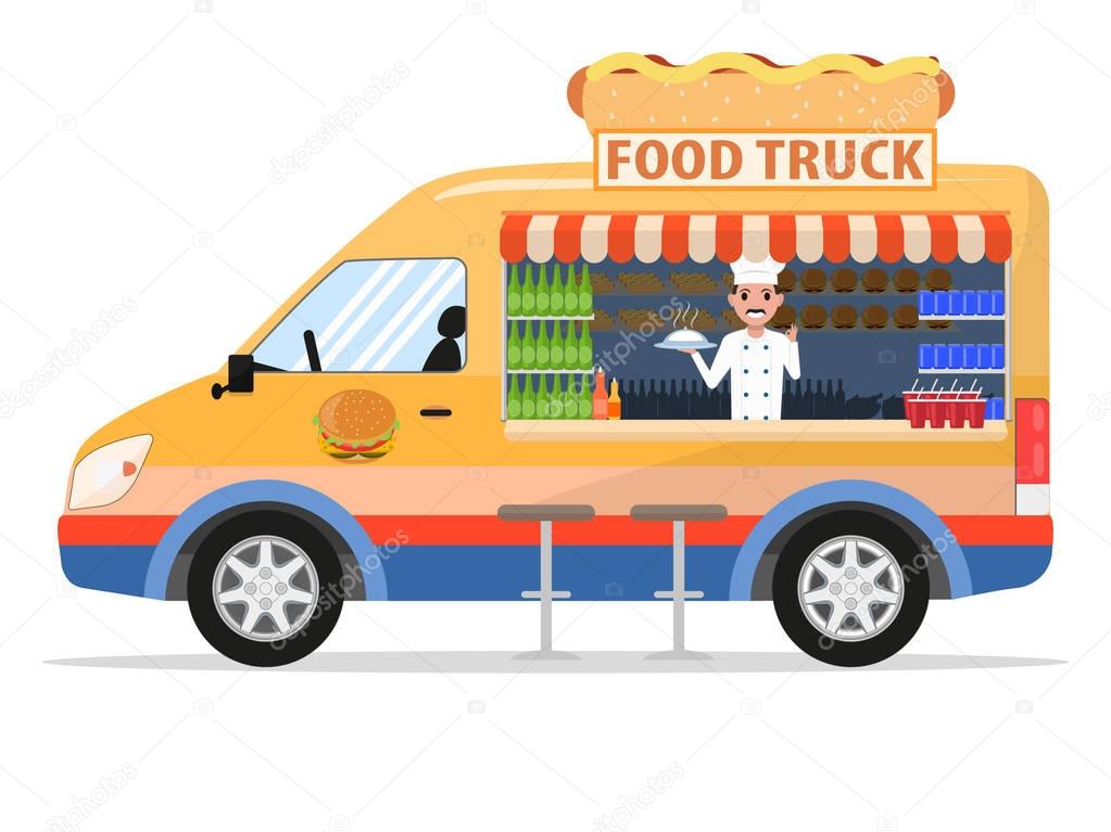 Vector illustration of a cartoon food truck with a male salesman. Isolated white background. Flat style, side view. Cart with food. Street snack auto.