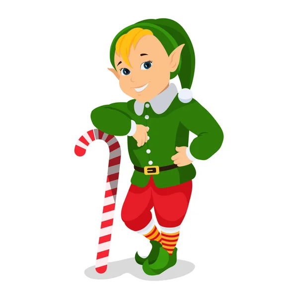 Vector cartoon cute christmas elf with lollipop — Stock Vector