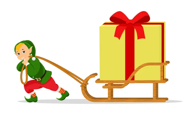 Vector desenho animado Natal elfo trenó com caixa de presente —  Vetores de Stock