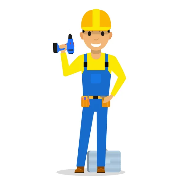 Vector caricatura hombre constructor con un destornillador — Vector de stock