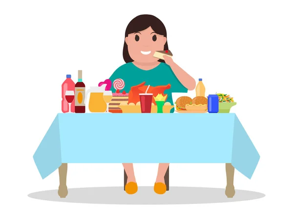 Vector illustratie cartoon dikke vrouw aan de tafel — Stockvector