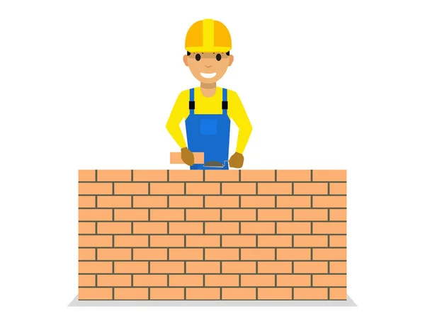 Vector cartoon metselaar bouwt een bakstenen muur — Stockvector