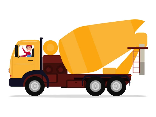 Vektor Cartoon Fahrer Mann auf LKW Betonmischer — Stockvektor