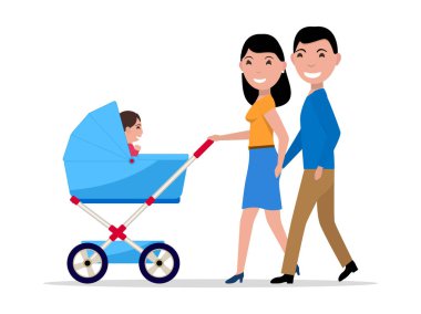 Vektör çift veliler bir bebek arabası ve bir çocuk ile