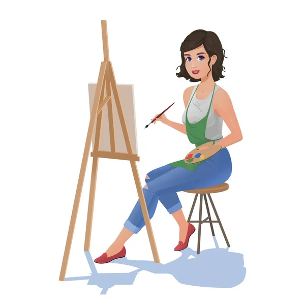 Girl with easel paints and brush — 스톡 벡터