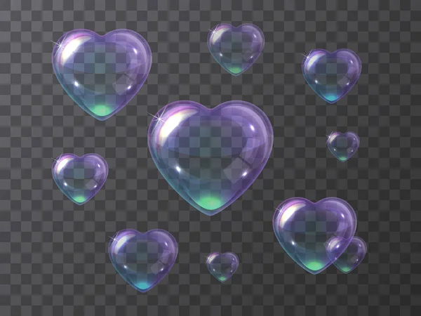 Set of purple soap bubbles hearts — Stock Vector