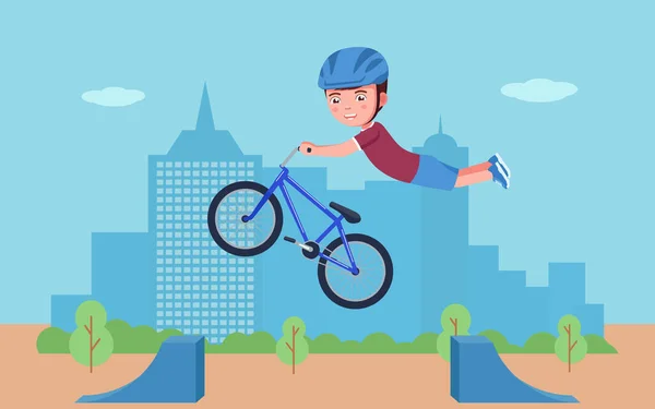 Menino realiza uma acrobacia em uma bicicleta bmx em um parque — Vetor de Stock