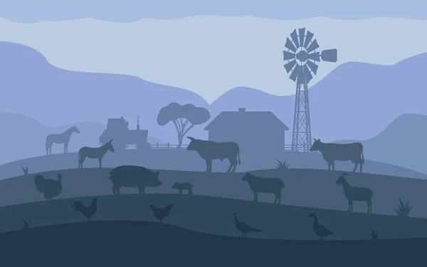 Manzara akşam köyü çiftlik hayvanları ile — Stok Vektör
