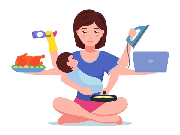 Ocupada mamá hace tareas domésticas — Vector de stock