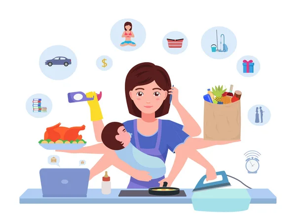 Cartoon character multitasking busy mom — Stock Vector