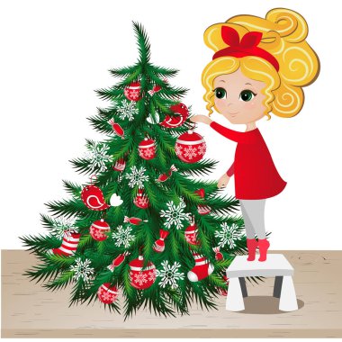 Noel ağacı ile şirin kız. Yeni yıl arka plan. Tebrik kartı tasarımı