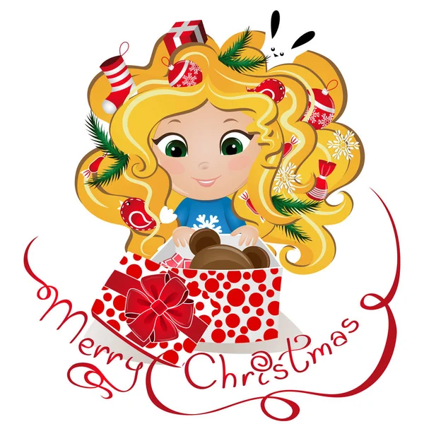 Karácsonyi aranyos gyömbér lány mutatja be. Új év háttér. Üdvözlőlap tervezés — Stock Vector