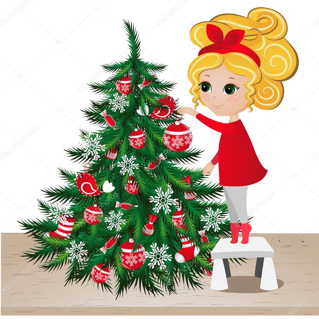 Cute girl with Christmas tree. New Year background. Greeting Card design