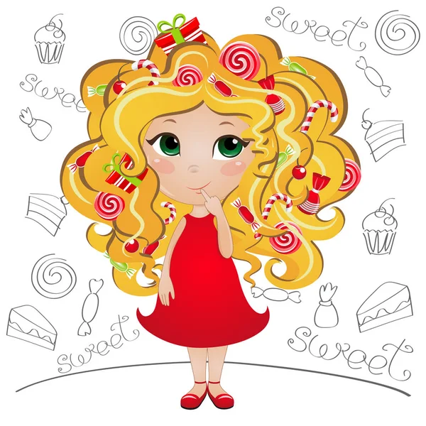 Linda chica pelirroja con caramelos. Diseño de la tarjeta de felicitación — Vector de stock