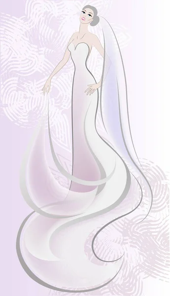 Noiva em vestido branco chique longo. Moda de casamento. Vector Invintation design. Sílhueta de mulher — Vetor de Stock