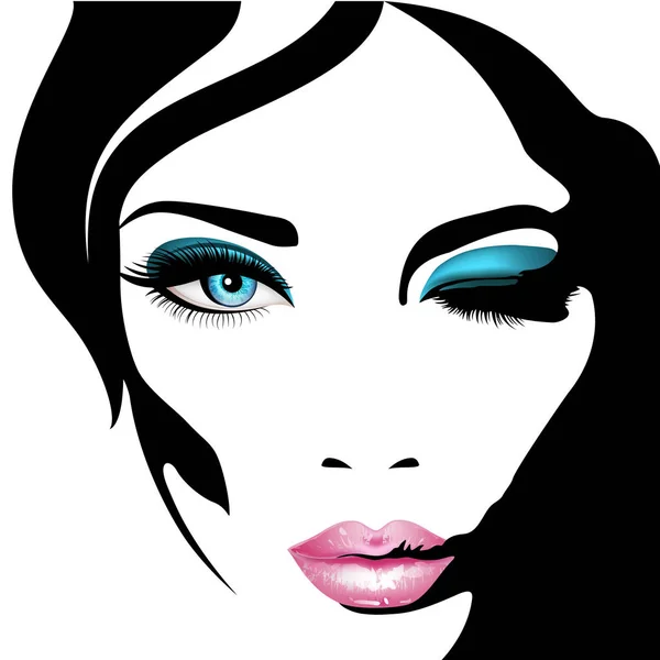 Cara de mujer. Ilustración vectorial. Labios rosados realistas y ojos azules con pestañas elegantes — Archivo Imágenes Vectoriales