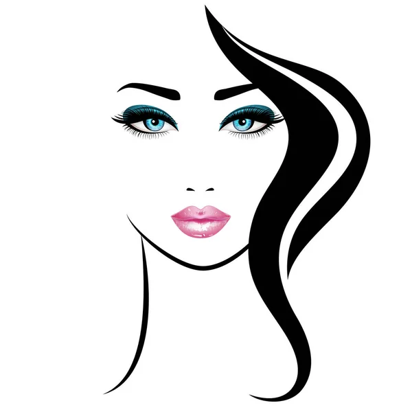 Cara de mujer. Ilustración vectorial. Labios rosados realistas y ojos azules con pestañas elegantes — Vector de stock