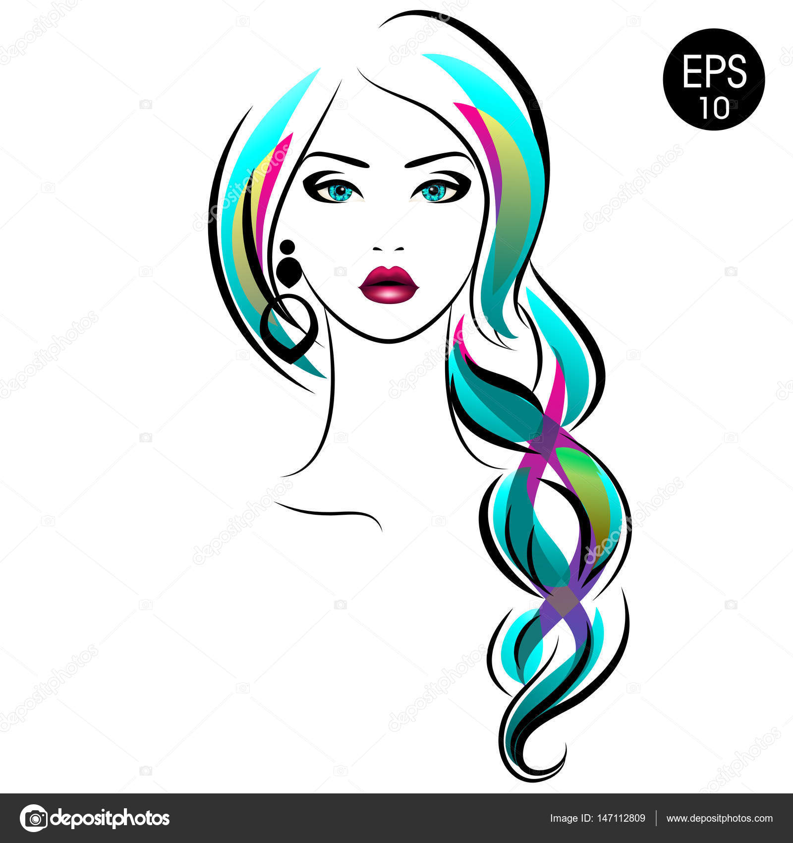 Vector Stock donna con la treccia Ritratto di ragazza di bellezza con i capelli colorati e orecchini per il vostro disegno — Vettoriali di