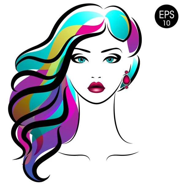 Vector Stock Woman com cabelo colorido. Retrato de menina de beleza com penteado multicolorido e brincos — Vetor de Stock