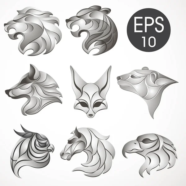 Colección de diseño de logotipo animal. Juego de animales. León, Caballo, Águila, Lobo, Oso Blanco, Husky, Fennec, Tigre — Archivo Imágenes Vectoriales