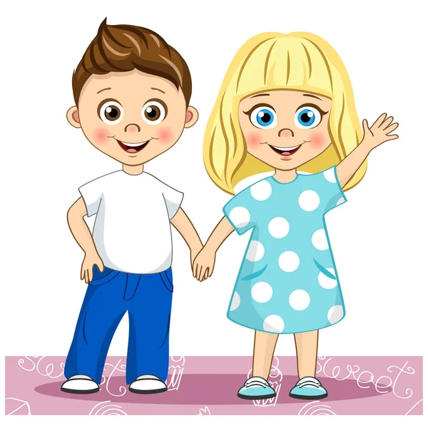 Vector lindo sonriendo niños mejores amigos. Niños elegantes tomados de la mano su ilustración — Vector de stock