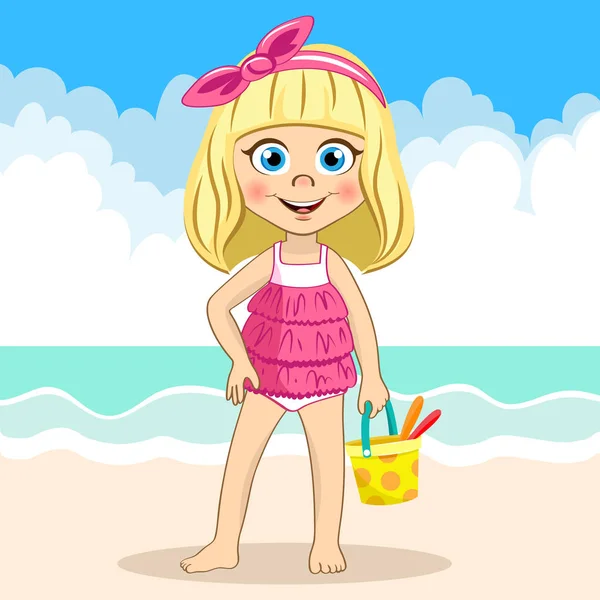 Vector bonito menina loira em maiô rosa segurando balde na praia do mar — Vetor de Stock