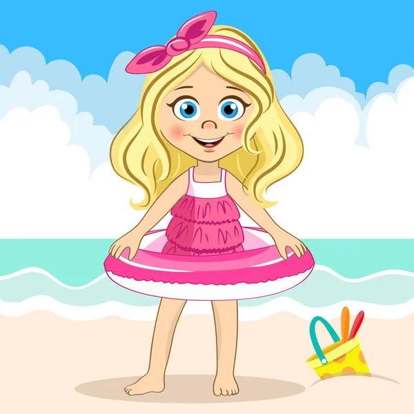 Vector cute blonde girl in pink swimsuit holding swiming ring on the sea background and bucket at the sand — Stock Vector