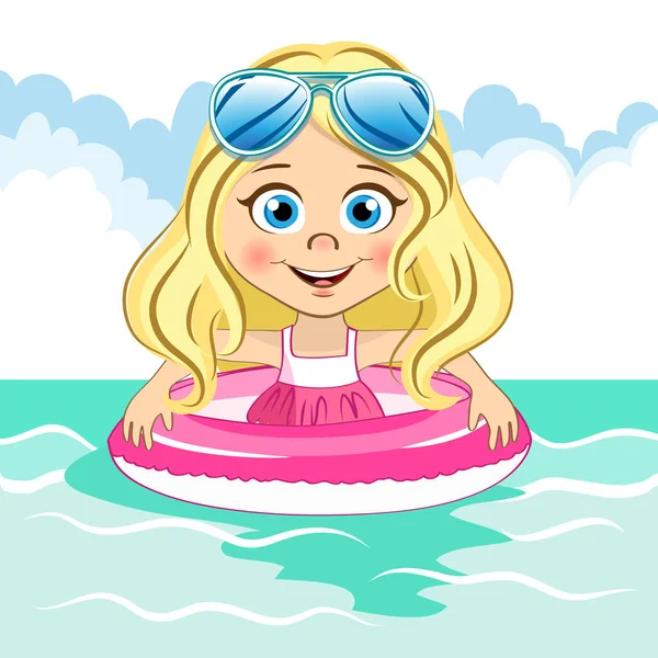Vecteur mignon blonde fille avec cool bleu lunettes de soleil nage dans la mer avec anneau de natation — Image vectorielle