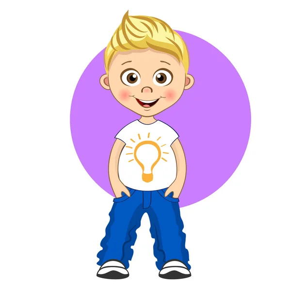 Rapaz fixe com cabelo loiro em t-shirt e jeans. Ilustração de desenho animado isolado vetorial — Vetor de Stock