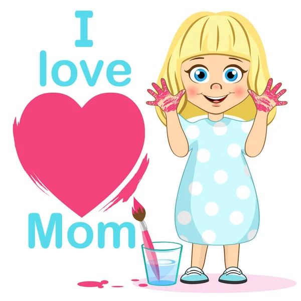Cute girl with heart poster I Love Mom, painted hands and brush. Mothers day. Little painter Vector illustration — Stock Vector