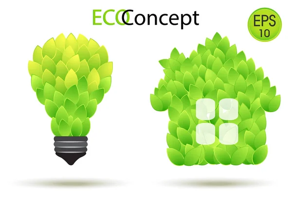 Wektor lampy eco i Green House. Żarówka i dom ilustracja z zielonych liści. Koncepcja Eco — Wektor stockowy