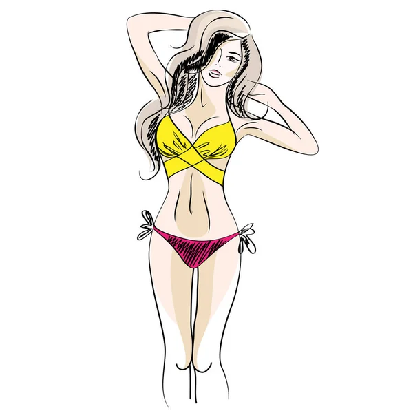 Belle jeune femme en maillot de bain. Illustration vectorielle isolée de fille brune posant sur un fond blanc — Image vectorielle