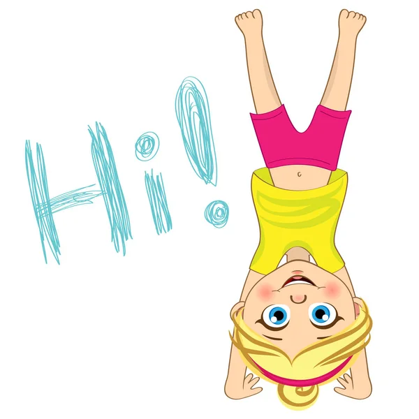 Vector girl standing upside down. Kid Headstand — Stock Vector