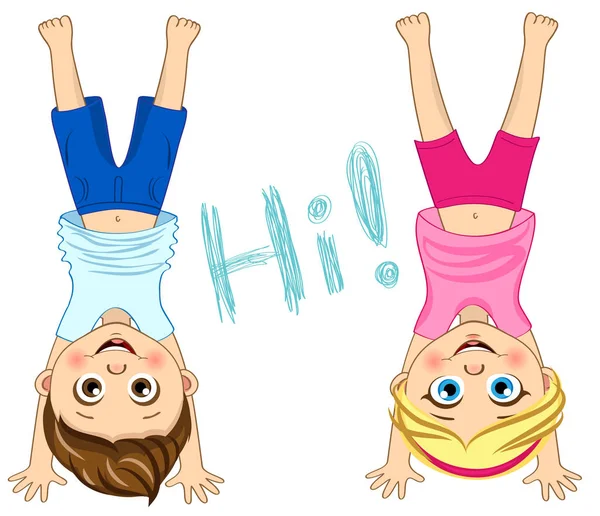 Vector children standing upside down. Friends. Cute kids illustration — Stock Vector