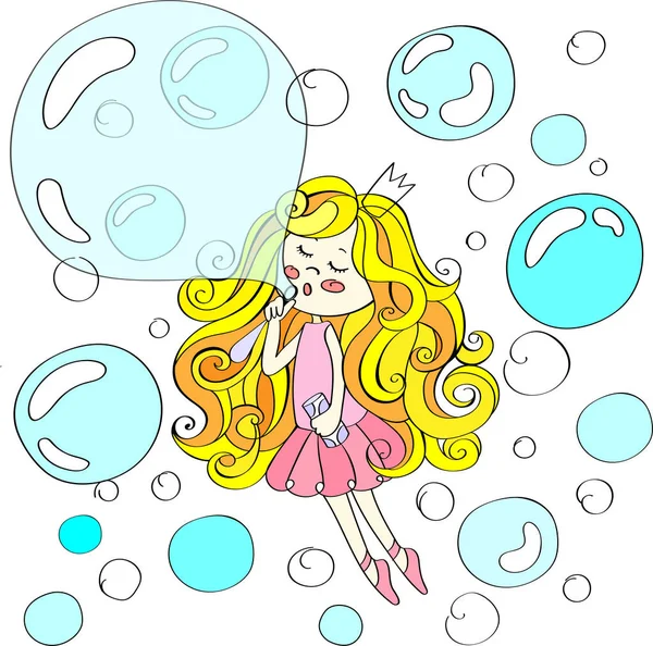 Ragazza carina in corona che vola con le bolle di sapone. Illustrazione vettoriale disegnata a mano . — Vettoriale Stock