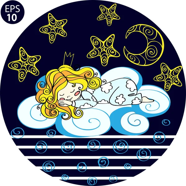 Симпатичная девушка в короне летит ночью на облаке с Луной и звездами. Векторная иллюстрация . — стоковый вектор