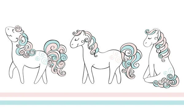 Aranyos kézzel rajzolt lovak. Vektor doodle illusztráció. — Stock Vector