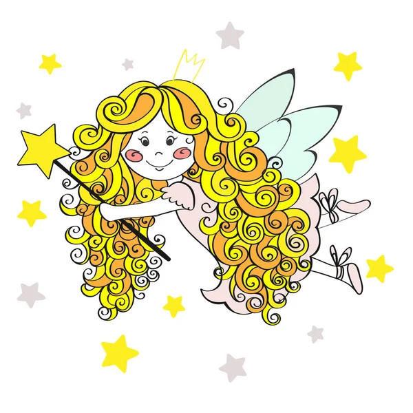 Linda chica de hadas en corona volando con las estrellas. Ilustración vectorial dibujada a mano . — Vector de stock