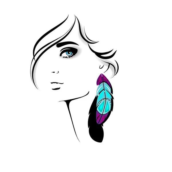 Woman face. Vector fashion portrait of pretty girl with blue eyes and color feather — Stock Vector