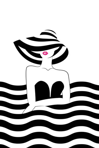 Mujer con sombrero en el mar. Ilustración vectorial — Archivo Imágenes Vectoriales