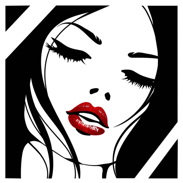 Womans wajah dengan bibir merah. Potret vektor diisolasi pada latar belakang putih Stok Ilustrasi Bebas Royalti