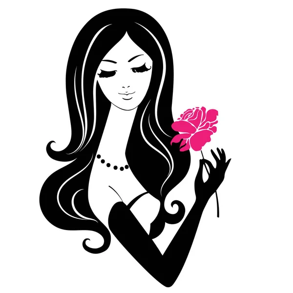 Belle fille avec rose isolé sur fond blanc. Illustration vectorielle de Femme à fleur rose — Image vectorielle