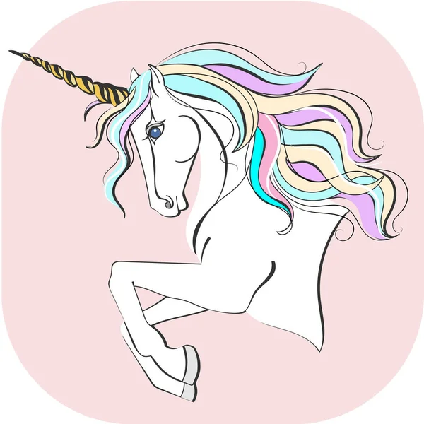 Unicorn dengan klakson ajaib. Ilustrasi vektor Unicorn. Kuda ajaib terisolasi di latar belakang merah muda - Stok Vektor