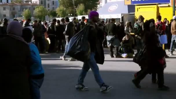 Lesbos, Řecko - 5. listopadu 2015: Uprchlíci ve frontě na lístky v přístavu Mytilene. — Stock video