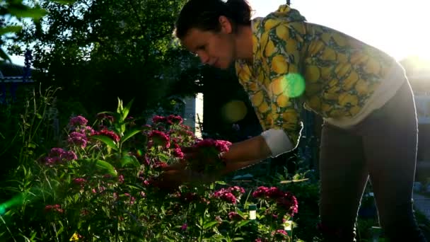 Junges süßes Mädchen im Garten, das Blumen schnüffelt. — Stockvideo