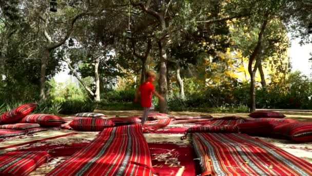 滑稽的小男孩奔跑和喜悦在公园在地毯和床垫 阿联酋 努尔岛 蝴蝶花园 — 图库视频影像