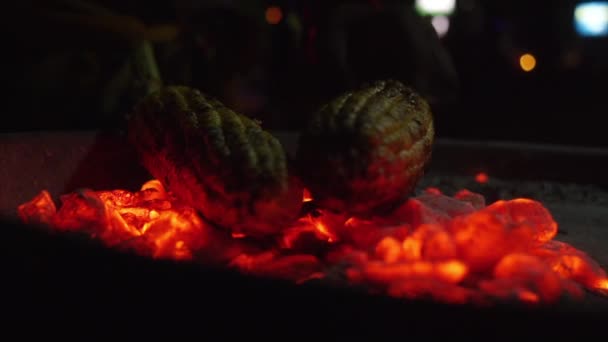 Stir the coals in a metal fryer. Close-up. — Stock Video