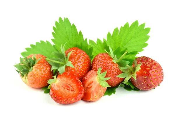 Saftige Erdbeere mit Blättern / isoliert. / — Stockfoto
