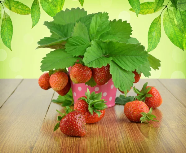 Erdbeeren mit Blättern auf dem hölzernen Hintergrund. Lieblinghobb — Stockfoto