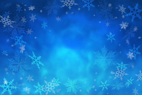 Winter frosty background. Snowflakes and depth of the night winter sky. Christmas. Snowfall. Snowstorm. New Year. Weather.